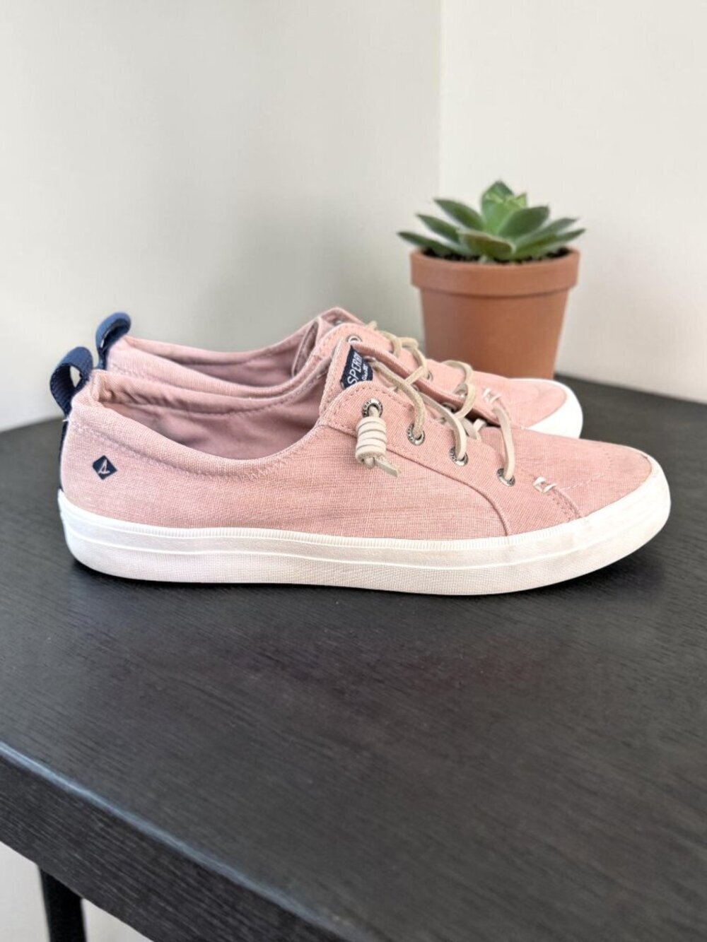 Sperry Pink Canvas Sneakers Crest Vibe Lace Up Casual Shoes Preppy Coastal 8.5